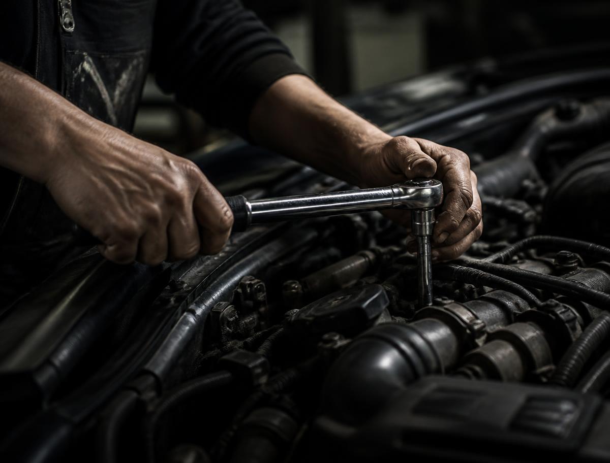 Technician torquing a bolt in an engine bay at Frontline Autocare